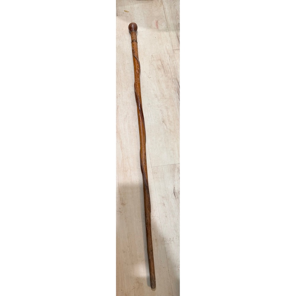 Antique Folk Art Carved Snake Walking Stick Cane Twisted Vine Tack Eyes c. 1910